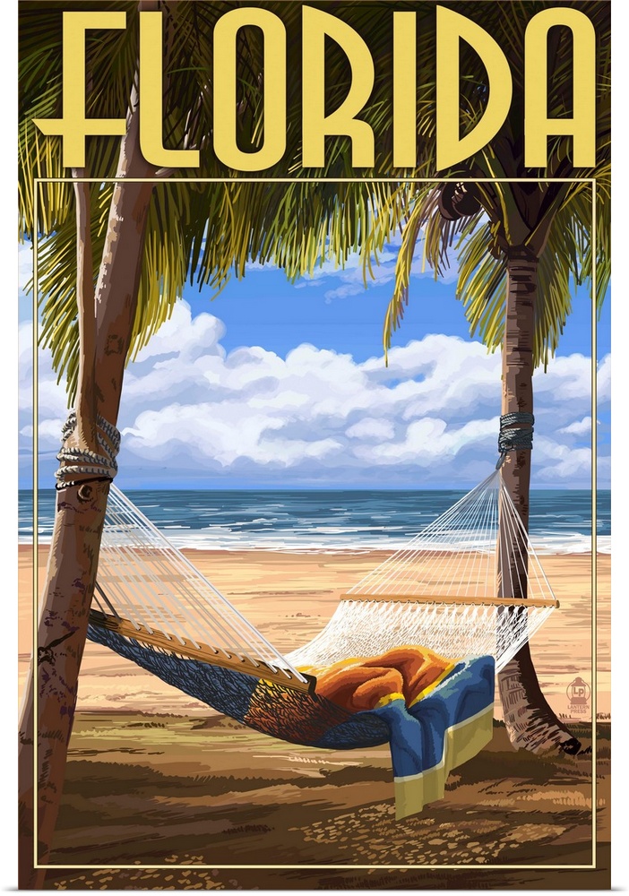 Retro stylized art poster of a hammock tied up between two palm trees on a beach.