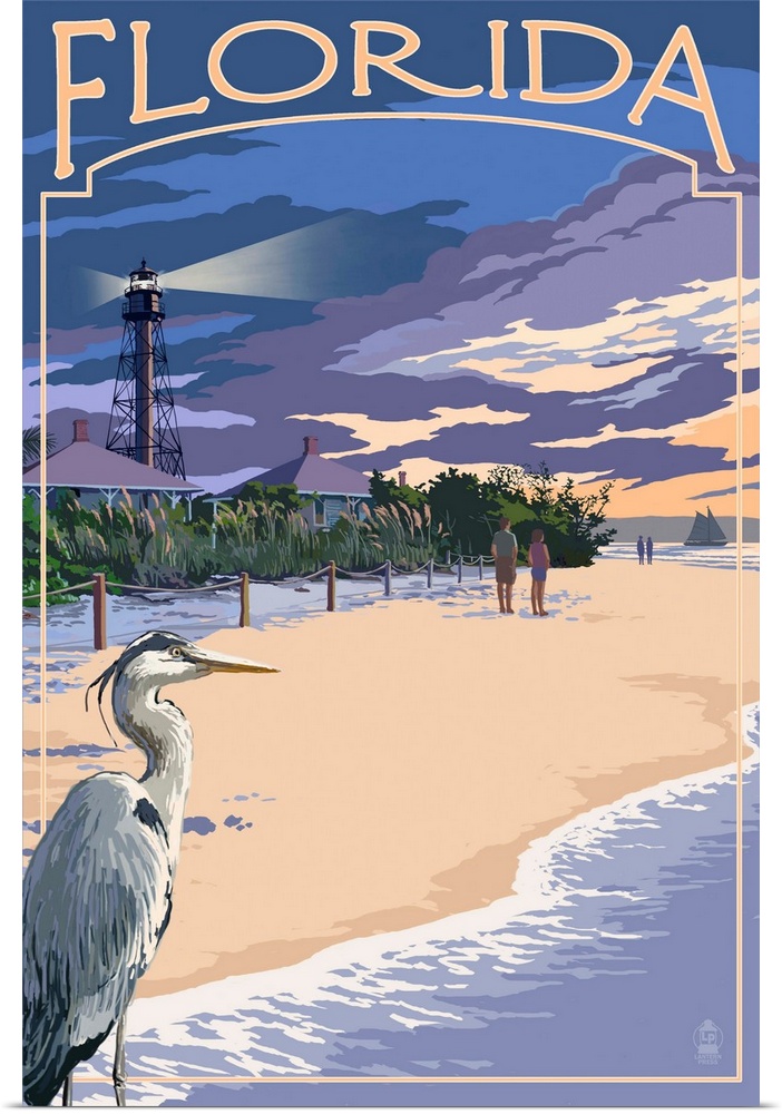 Retro stylized art poster of a blue heron on a beach, with a lighthouse in the background.