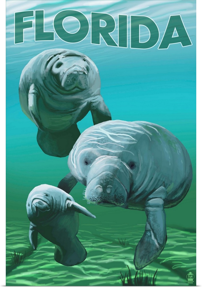 Retro stylized art poster of manatees floating in a gentle green sea.