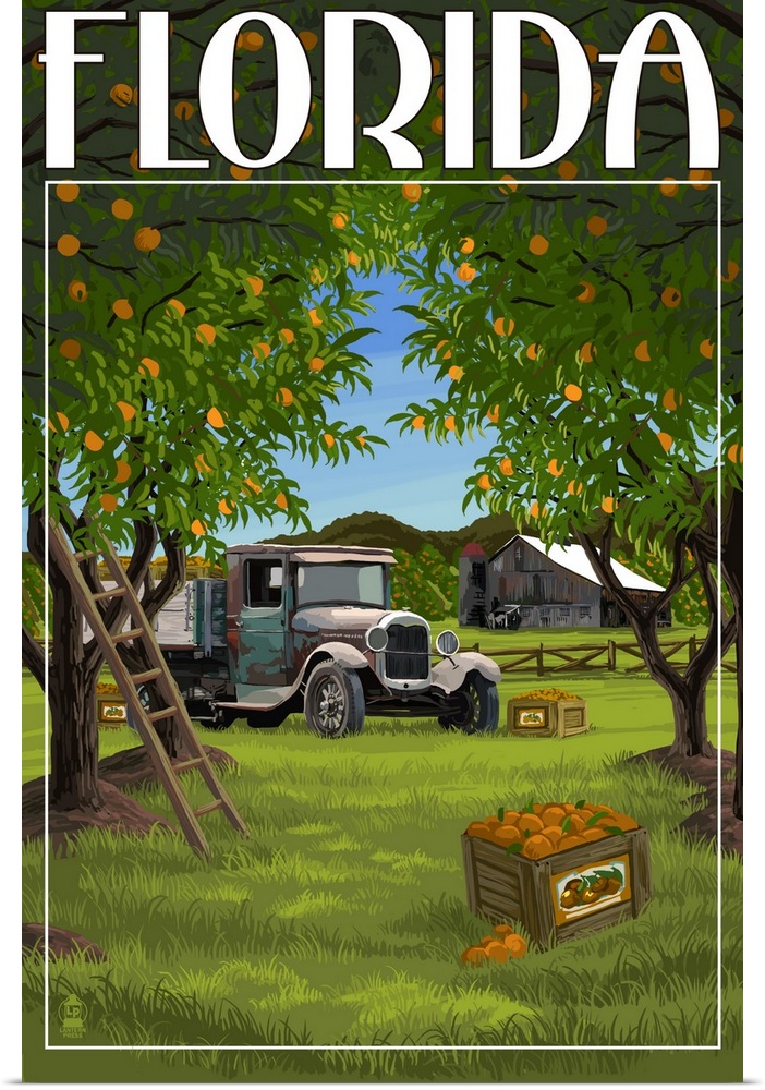 Retro stylized art poster of a vintage truck sitting in an orange orchard.