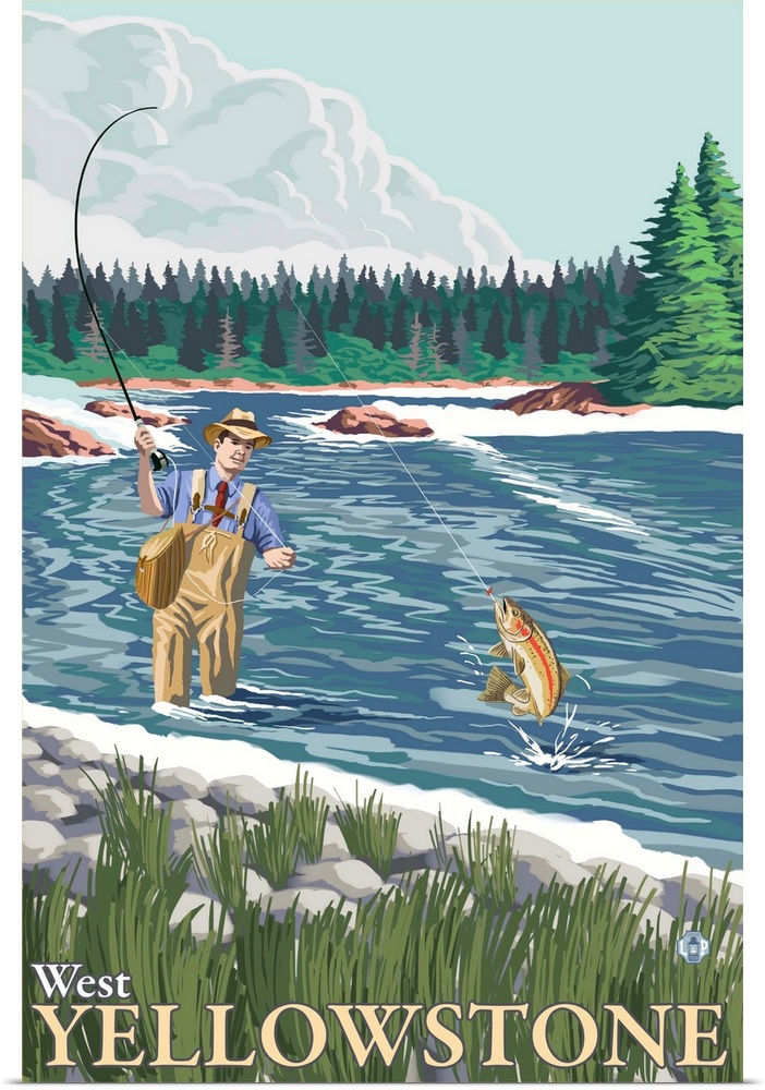 Fly Fisherman - West Yellowstone, Montana: Retro Travel Poster Poster Print