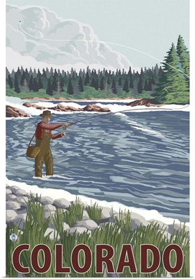 Fly Fishing Scene - Colorado: Retro Travel Poster