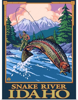 Fly Fishing Scene - Snake River, Idaho: Retro Travel Poster
