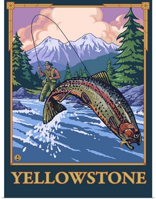 Fly Fishing Scene - Yellowstone National Park: Retro Travel Poster