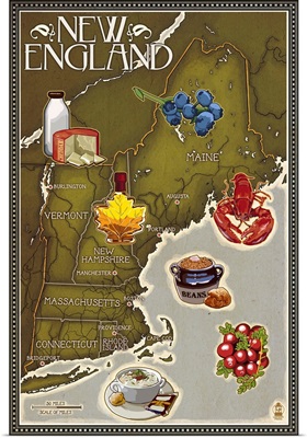 Foods of New England Map: Retro Travel Poster