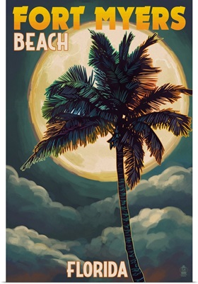 Fort Myers Beach, Florida - Palms and Moon: Retro Travel Poster