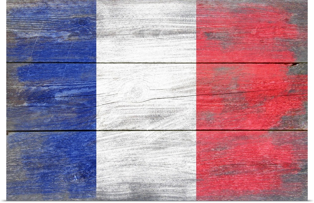 The flag of France with a weathered wooden board effect.