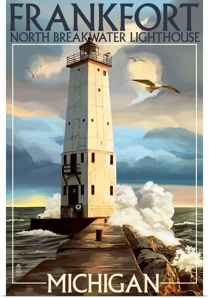 Retro stylized art poster of a lighthouse in a rocky coast, overlooking the ocean.