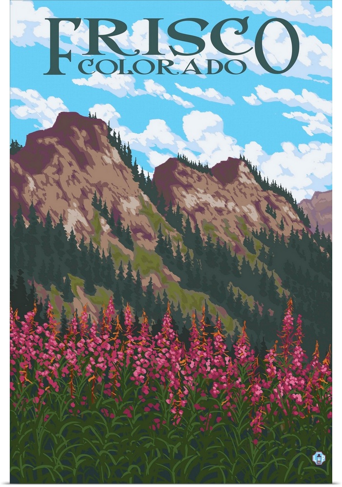 Retro stylized art poster of fireweed flowers in a field, with mountains in the background.