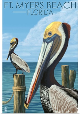 Ft. Myers Beach, Florida - Pelicans: Retro Travel Poster