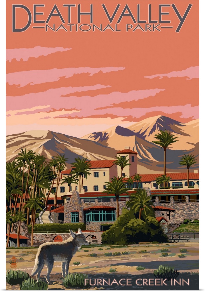 A retro sylized art poster of a desert resort built at the foot of a mountain and a coyote standing n the foregorund.