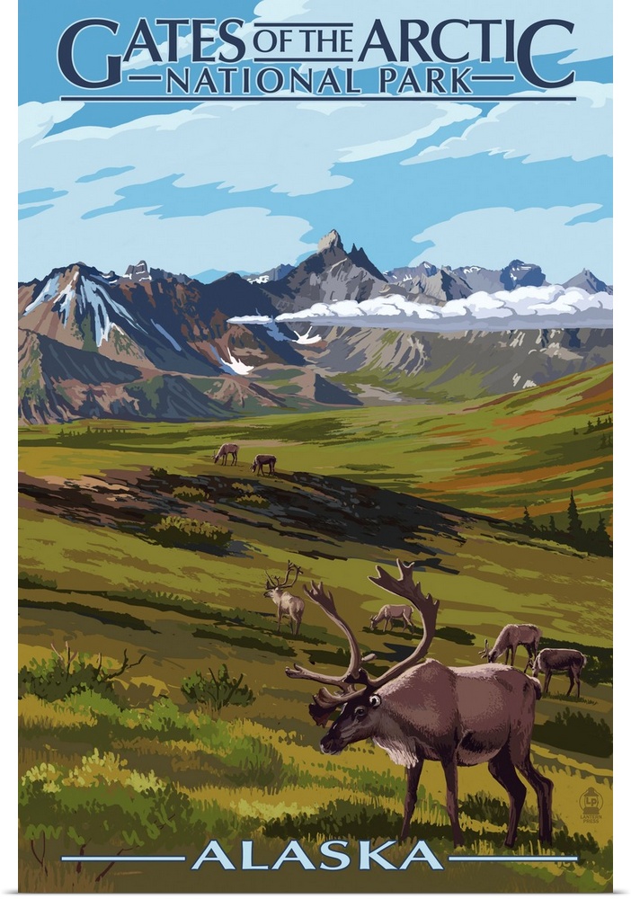 Gates of the Arctic National Park, Moose Grazing: Retro Travel Poster