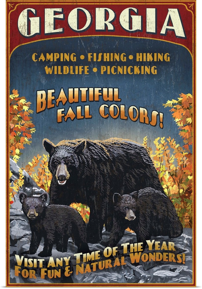 Retro stylized art poster of a black bear mother with her two cubs in the wild.