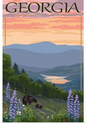Georgia - Bears and Spring Flowers: Retro Travel Poster