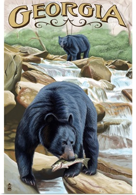 Georgia - Black Bears Fishing: Retro Travel Poster