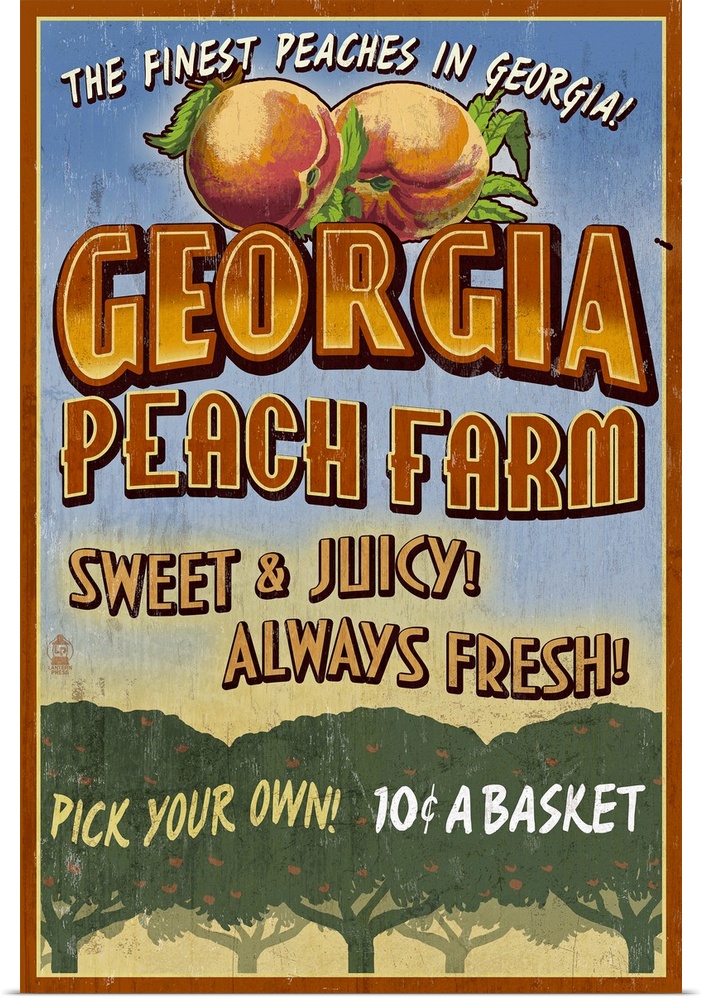 Retro stylized art poster of a vintage sign displaying Georgia peaches, with a lush peach trees at the bottom of the image.