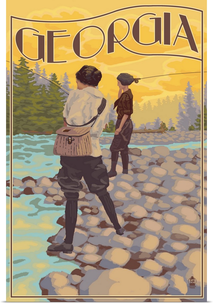 Retro stylized art poster of two women by a river fly fishing.