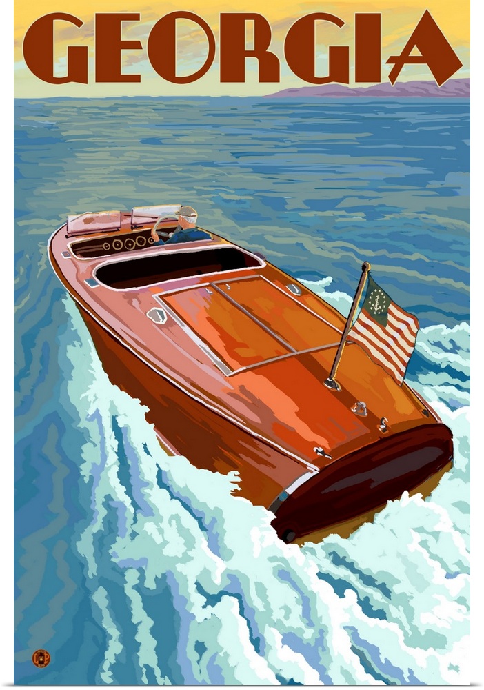 Retro stylized art poster of a wooden speed boat on the water.