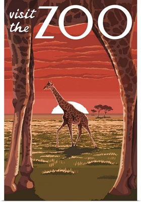 Giraffe - Visit the Zoo: Retro Travel Poster