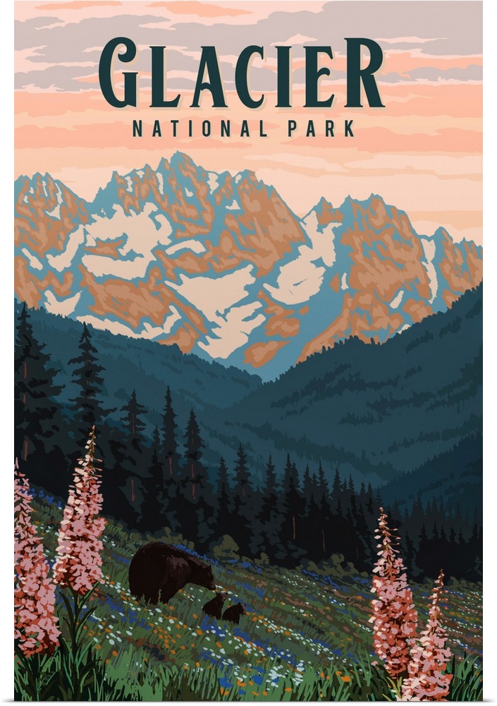 Glacier National Park, Bear and Cubs: Retro Travel Poster