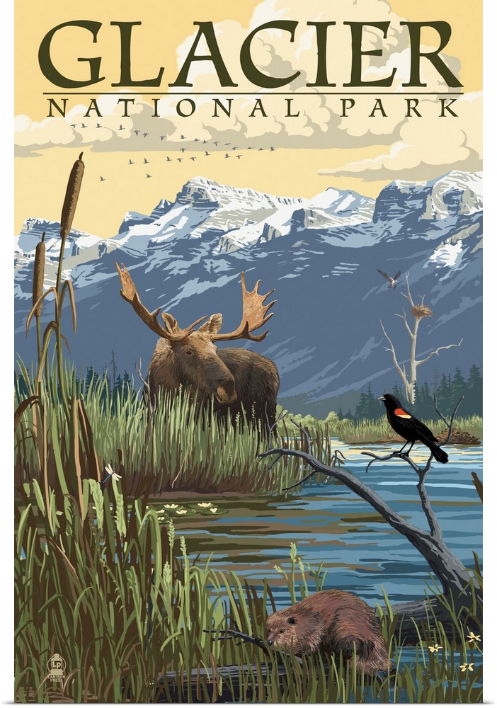 Glacier National Park, Moose Hiding: Retro Travel Poster