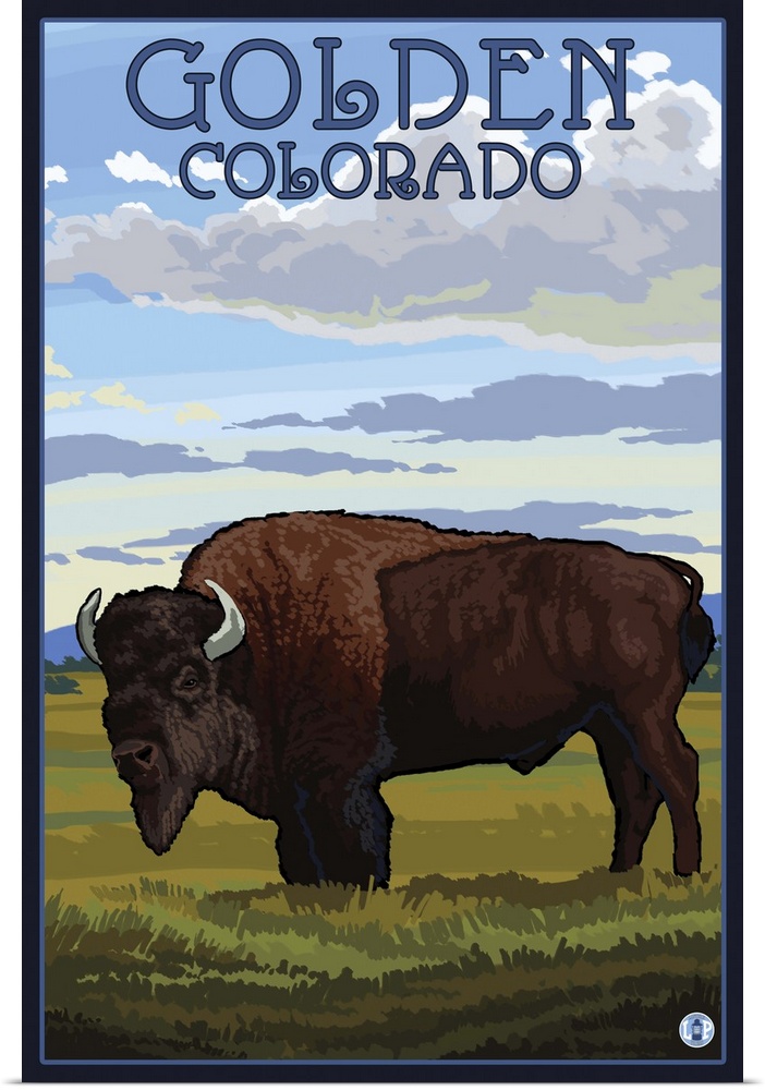 Golden, Colorado - Bison Scene: Retro Travel Poster