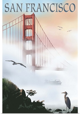 Golden Gate Bridge in Fog - San Francisco, California: Retro Travel Poster