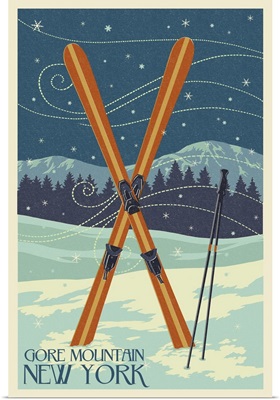 Gore Mountain, New York - Crossed Skis - Letterpress: Retro Travel Poster
