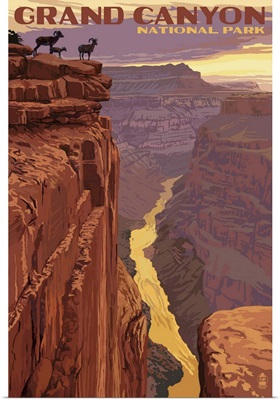 Grand Canyon National Park - Bighorn Sheep on Point: Retro Travel Poster