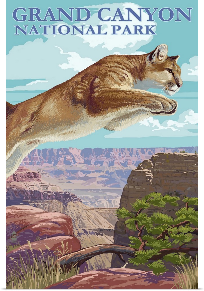 Retro stylized art poster of a mountain lion leaping into the air, with a vast canyon in the background.