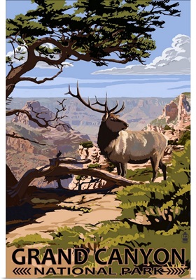 Grand Canyon National Park - Elk and South Rim: Retro Travel Poster