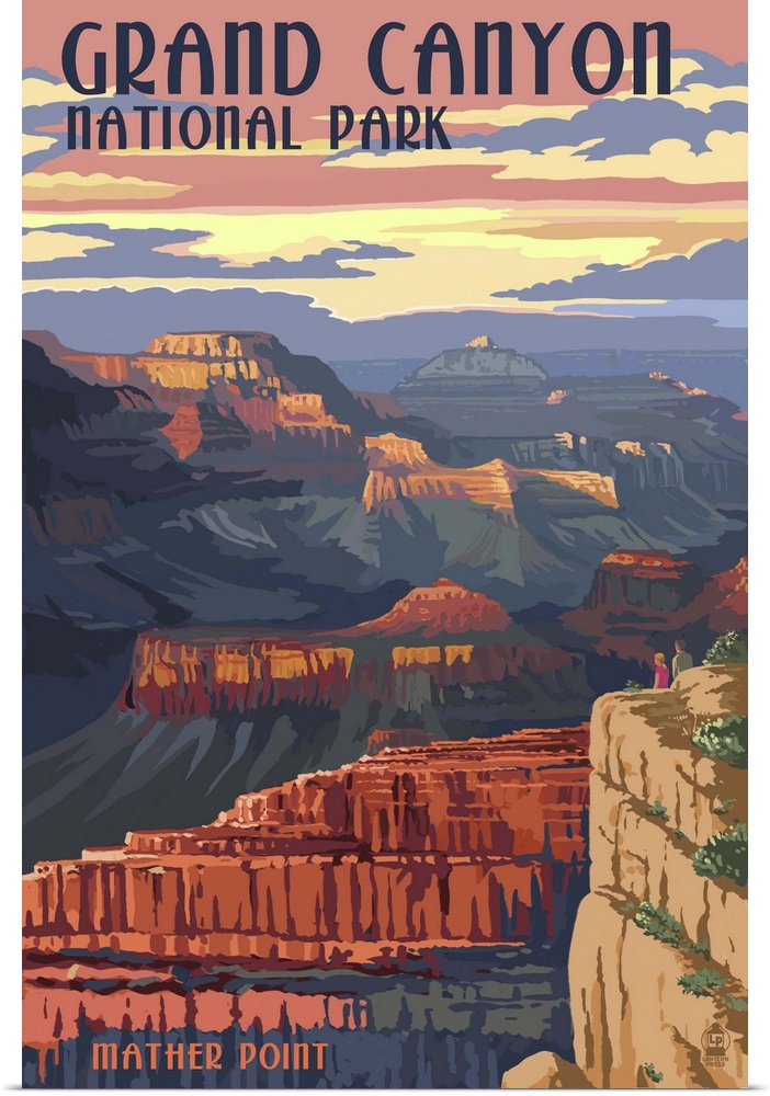 Retro stylized art poster of a view of a massive canyon.