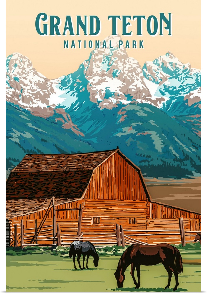 Grand Teton National Park, John Moulton Barn: Retro Travel Poster