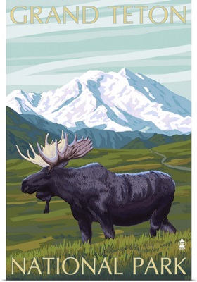 Grand Teton National Park - Moose and Mountain: Retro Travel Poster