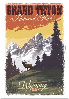 Grand Teton National Park, Moose Call: Retro Travel Poster