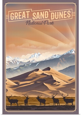 Great Sand Dunes National Park, Deer Silhouettes: Retro Travel Poster