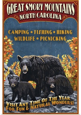 Great Smoky Mountains, North Carolina - Black Bears Vintage Sign: Retro Travel Poster