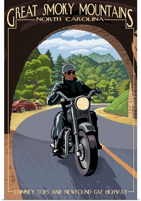 Great Smoky Mountains, North Carolina - Motorcycle and Tunnel: Retro Travel Poster