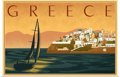 Greece - City with Sailboat - Lithograph
