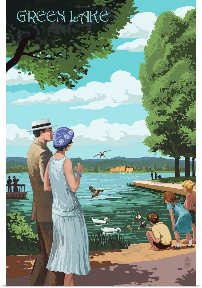 Retro stylized art poster of a couple walking along a pathway, looking out at the lake.