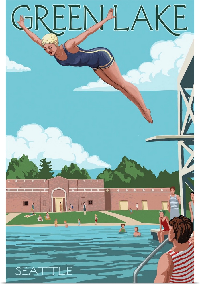 Retro stylized art poster of a woman diving into a large swimming pool, from a diving board.