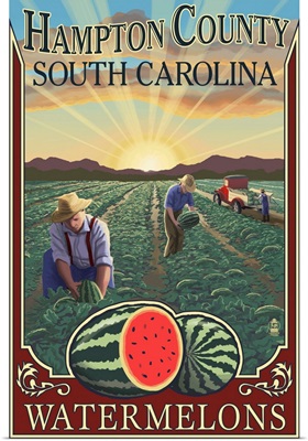 Hampton County, South Carolina - Watermelon Field: Retro Travel Poster
