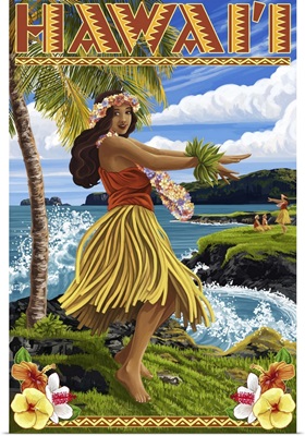 Hawaii Hula Girl on Coast: Retro Travel Poster