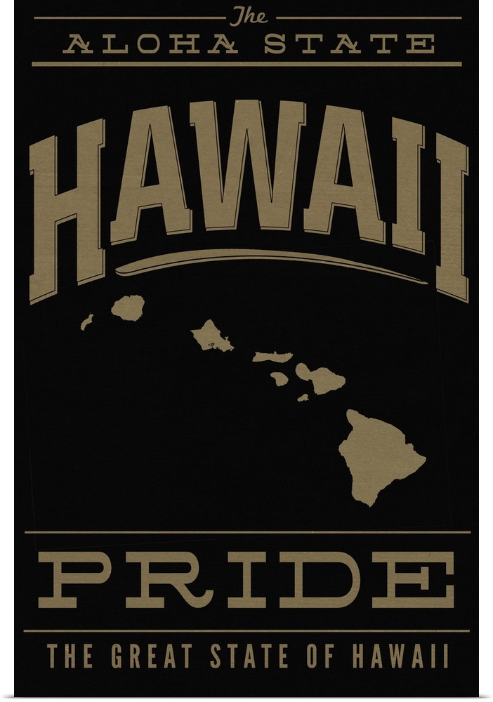 The Hawaii state outline on black with gold text.