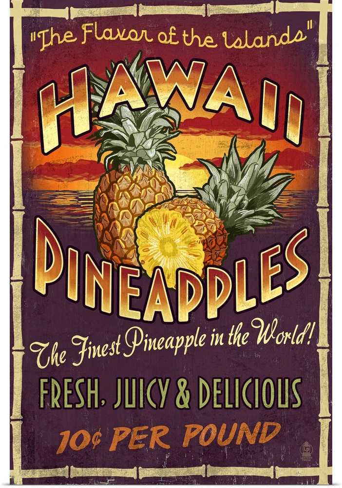 Hawaiian Pineapple Vintage Sign: Retro Travel Poster