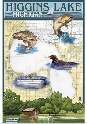 Higgins Lake, Michigan - Lake Chart: Retro Travel Poster