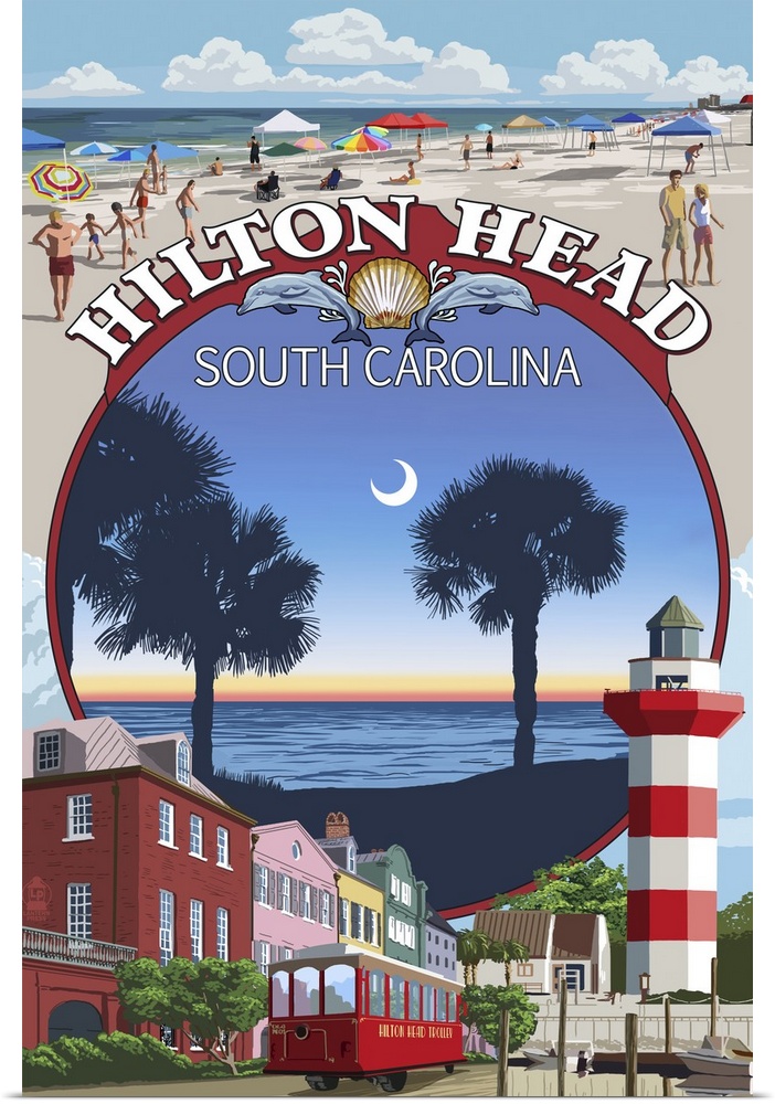 A retro stylized poster of a local scenes, beaches, and a light house in this artwork.