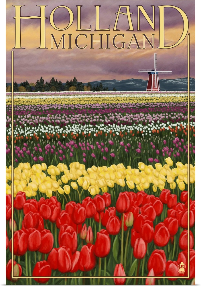 Retro stylized art poster of a tulip field with a windmill in the background.