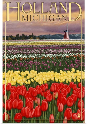 Holland, Michigan - Tulip Fields: Retro Travel Poster