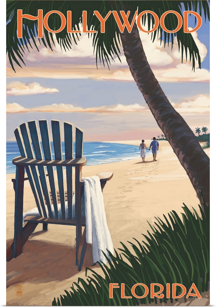Hollywood, Florida - Adirondack Chair on the Beach: Retro Travel Poster